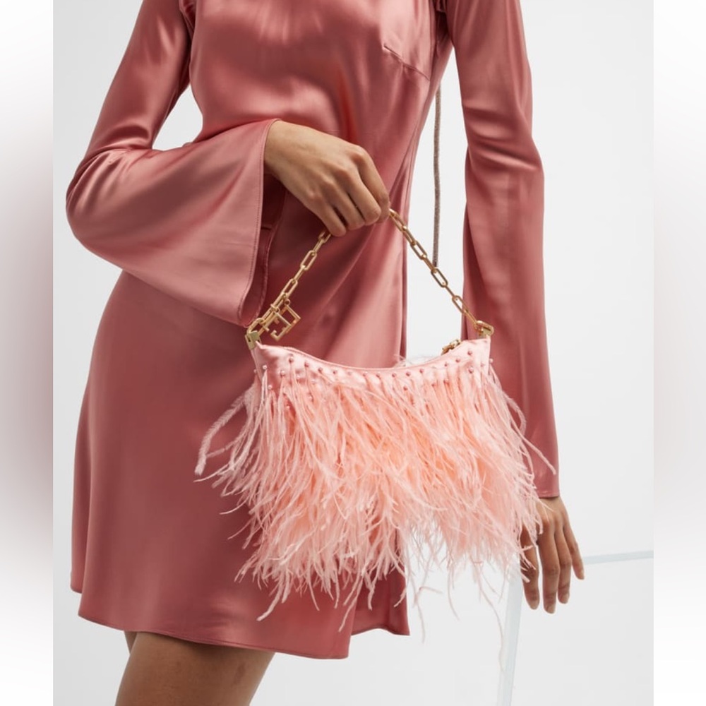 🌺🎉HP🎉🌺 NWT Cult Gaia Gia Ostrich Feather & Pearl Shoulder Bag Azalea 🌟Rare🌟 - Picture 10 of 16